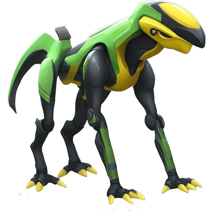 a shiny black-yellow-green Genesect-Raptor-Fakémon—hybrid with a futuristic visor-helmet full body emoji