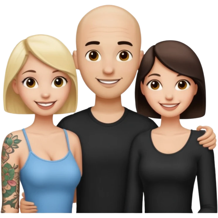 throuple tatted bald boyfriend with blonde girl friend and brunette girlfriend emoji