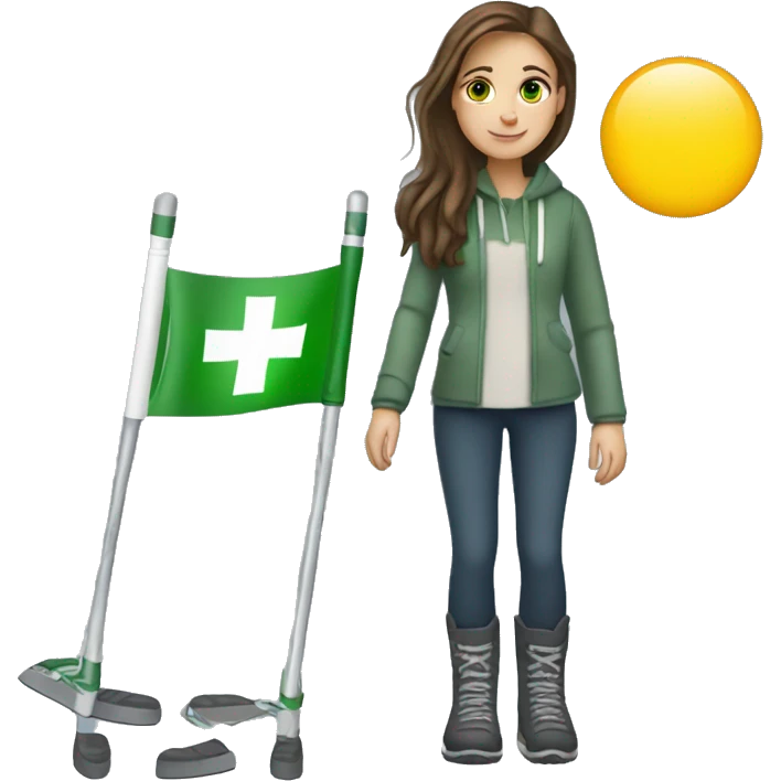 A girl with a moon boot and crutches with brown hair and green eyes  emoji