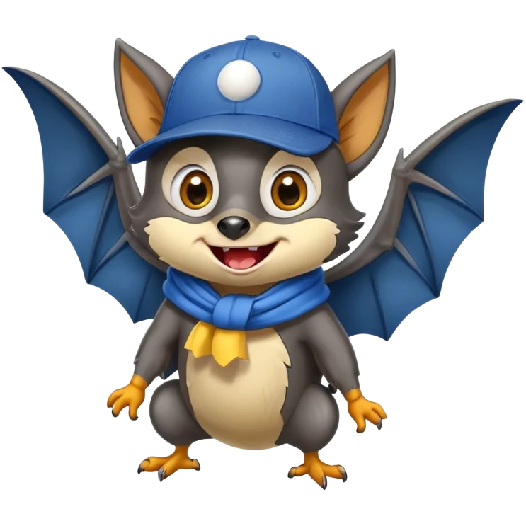 Friendly flying fox bat mascot with cheerful mischievous expression, large spread wings, big expressive eyes with playful glint, smiling mouth showing small fangs, wearing yellow and blue scarf wrapped around neck, blue baseball cap tilted to one side, dark grey body with white highlights, circular composition emoji