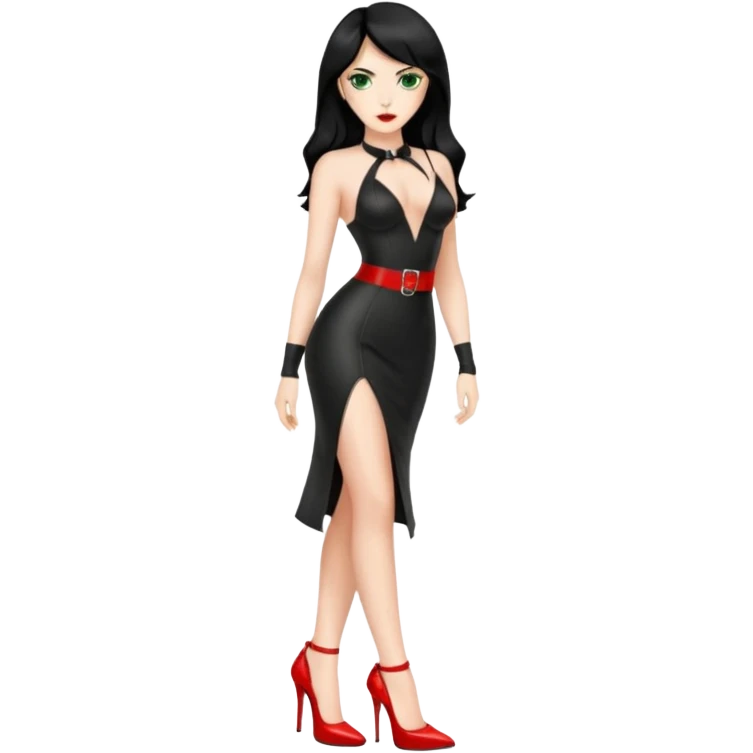 🕵🏻‍♀️💦🧥 black hair , green eyes , full body , red high heels , dominatrix dress , emoji