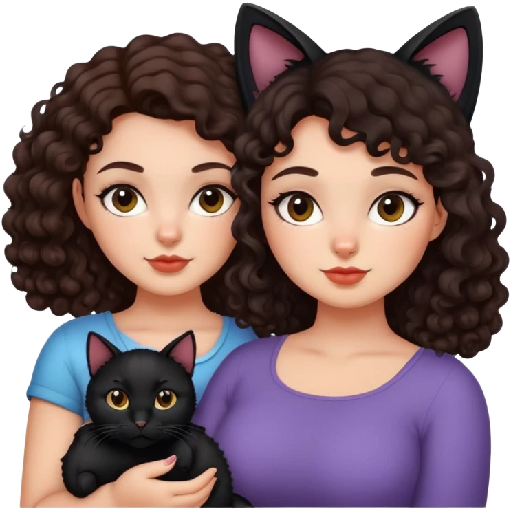 curvy girl with dark brown curly hair and black cat on her hand emoji