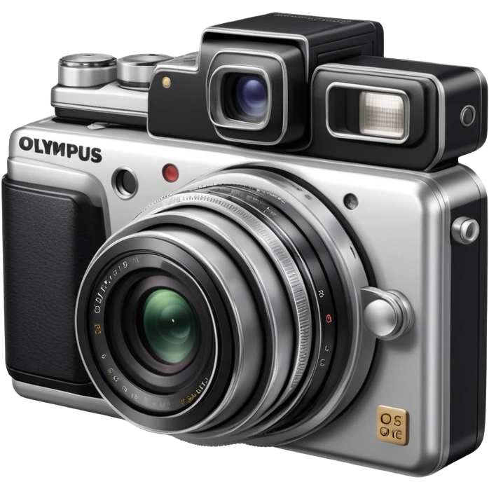 Olympus Superzoom 70G camera, vintage compact point and shoot camera with extendable lens, rectangular body, viewfinder, and flash emoji