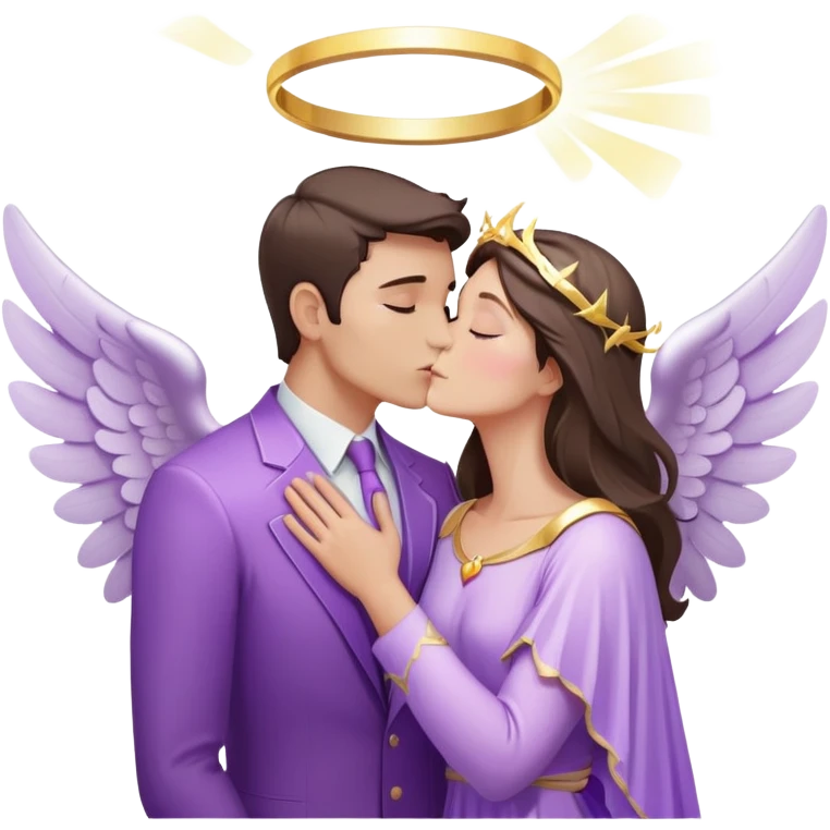 White brunette human man with rays of light Heart kisses a pastel purple angel woman emoji