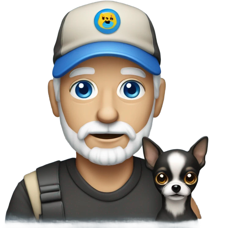 Old man with blue eyes goatee beard ball cap holding black Chihuahua long hair emoji