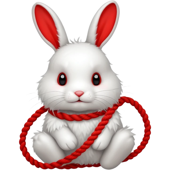 White realistic bunny with red rope tangled around emoji