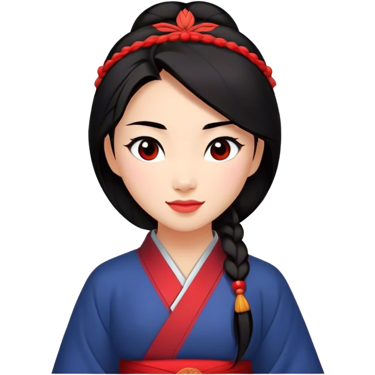 Cinematic Radiant Mulan Portrait Emoji, rendered in a realistic, vector-style with clean proportions. Show Mulan with a soft, confident smile, warm skin, and expressive eyes, her dark hair styled simply, and dressed in traditional clothing with understated red accents. The image radiates a gentle, luminous glow and high shine, accentuated by a soft glowing outline. emoji