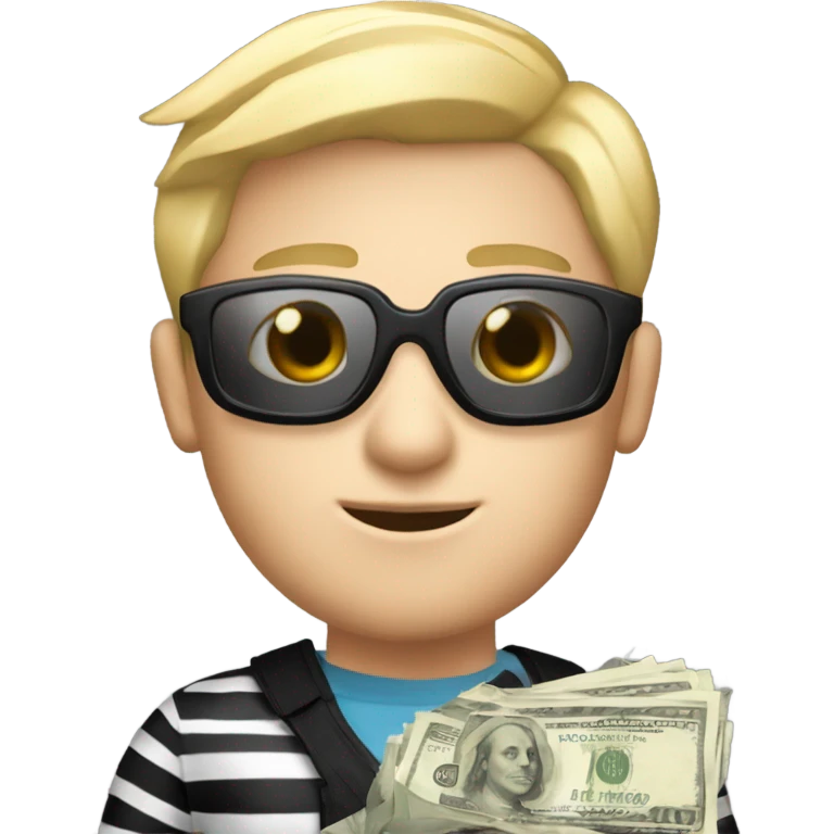 Blonde male, peach colored skin, black and white striped goggles, black and white striped clothing, and holding a bag of money emoji