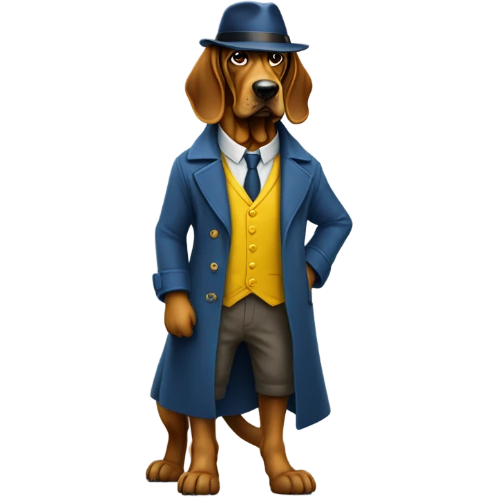 Full body Studious blue and yellow bloodhound-wearing bifocals. To hat and trenchcoat. emoji