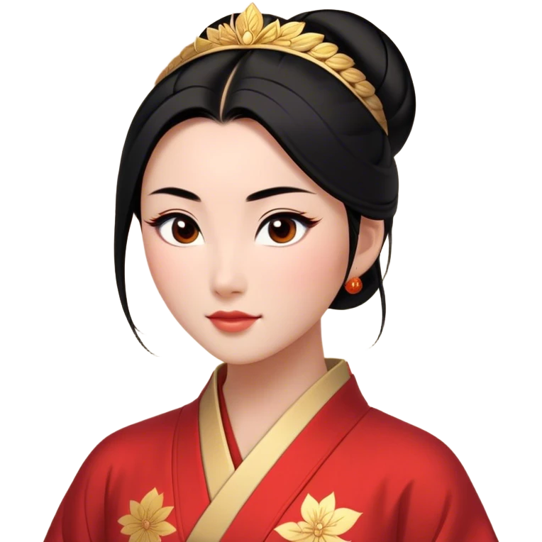 Cinematic Elegant Mulan Portrait Emoji, rendered in a flat, vector-style with minimal shading and bold, simplified shapes. Depict Mulan (chest and above) with warm, light-toned skin, almond-shaped eyes, and sleek black hair styled in a traditional bun. She wears a modest, traditional robe with subtle red and gold accents, glowing with a soft, refined radiance and high shine, capturing timeless beauty and inner strength. emoji