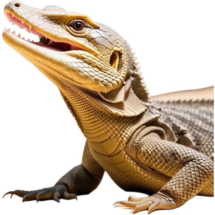Cinematic Realistic Cute Yawning Monitor Lizard Portrait Emoji, Head tilted slightly with a dramatic, wide-open yawn, showcasing a soft, textured scaled hide with subtly drooping features and half-closed, drowsy eyes, rendered with meticulous natural detail and warm shadows, high shine, relaxed yet expressive, styled with a dash of desert charm, soft glowing outline, capturing the essence of a sleepy yet affectionate monitor lizard that appears ready to stretch out for a restful nap! emoji