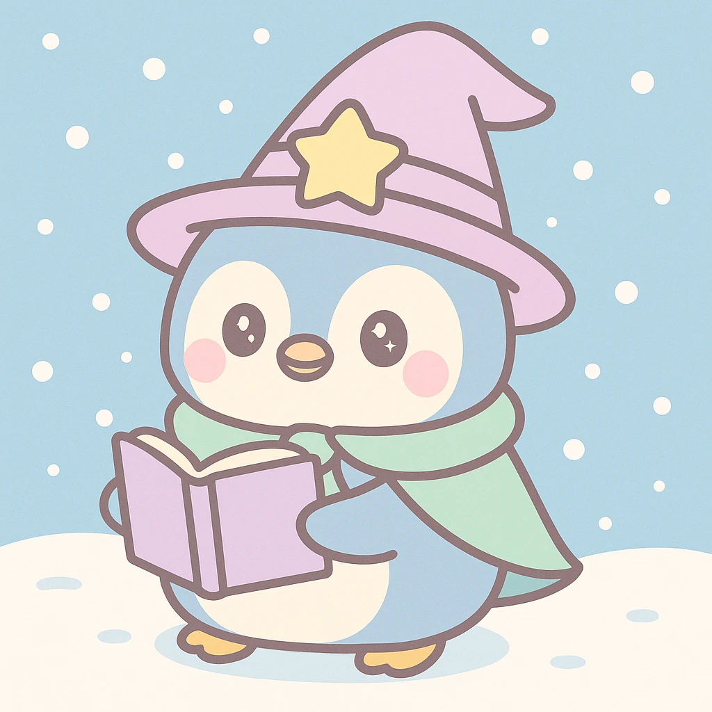 Add a snowy background behind the penguin wizard, keeping the whimsical kawaii style. emoji