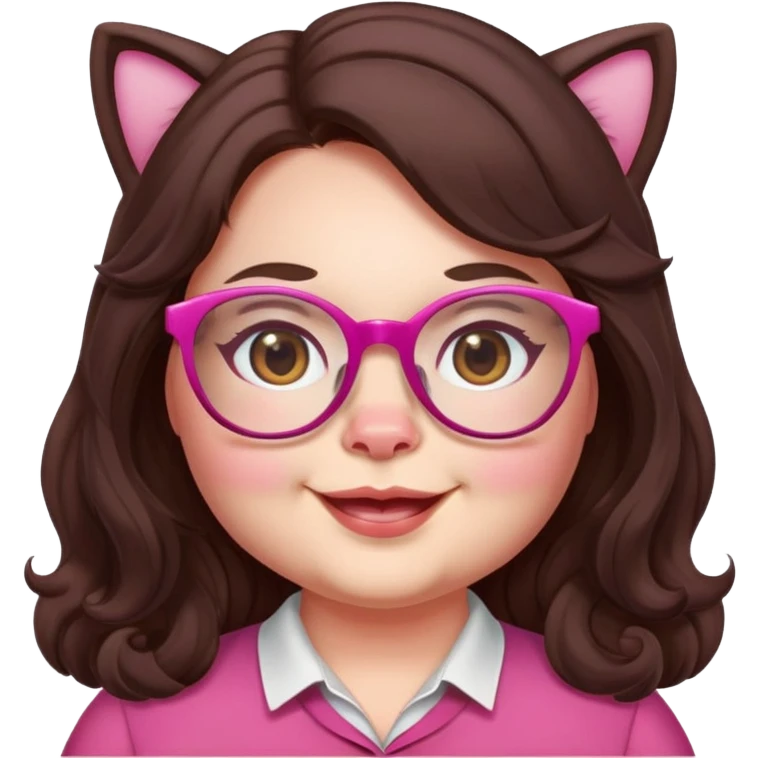chubby English teacher face, pink cat glasses, long wavy dark brown hair, smiling emoji