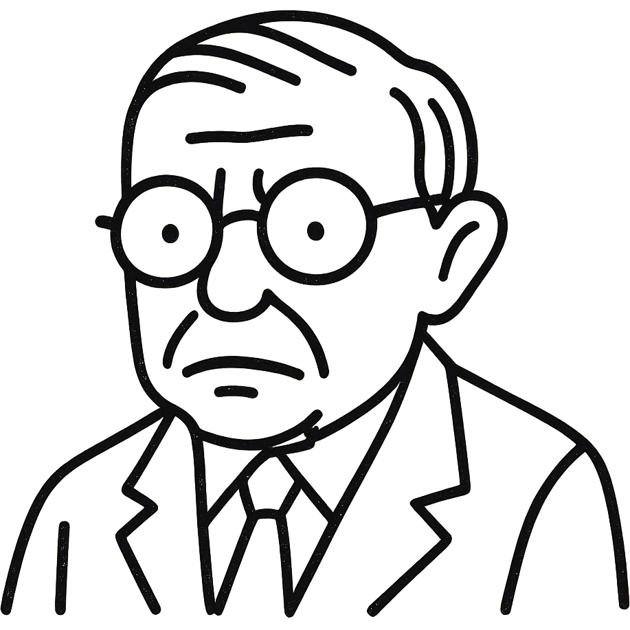 Simplify the Jean-Paul Sartre black outline icon by reducing detail in the facial features, hair, and clothing while keeping the round glasses and maintaining the hand-drawn outline style. Use a transparent background. emoji
