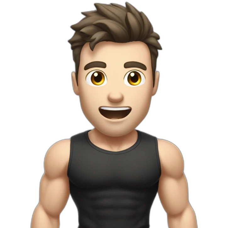 amazed In shock Open with surprise mouth Pale skinned Fit Man With the biceps and dark brown hair in black shirt, gray sports shorts and white Sneakers emoji