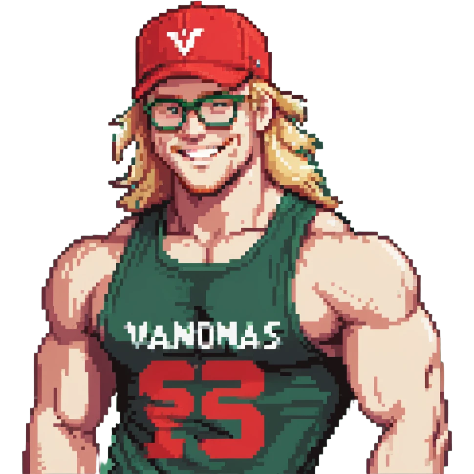 Man with black and white cap that says VANOMAS, bare muscular torso, red shorts, clear glasses, messy blond mullet hairstyle, flexing muscles and smiling emoji