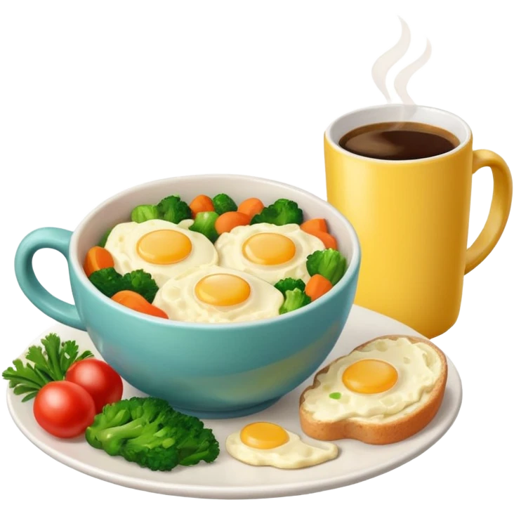 eggs with veggies and one coffee in cute mug on the side emoji