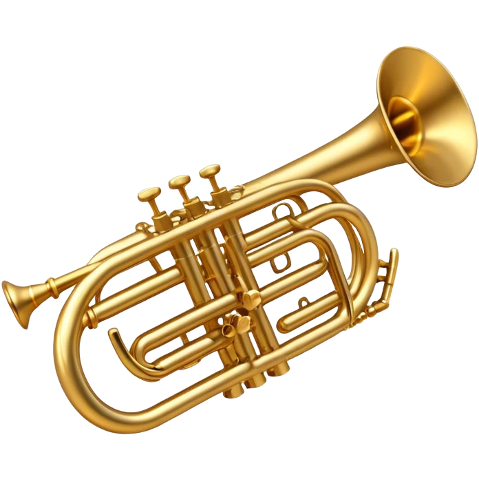 Cinematic Realistic Trumpet, polished brass with warm golden reflections, intricate valve details subtly highlighted, soft hands pressing the keys, glowing with bold and triumphant musical energy. emoji