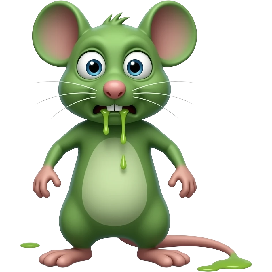 A little green mouse standing upright, with arms and legs that look like those of a little person, staring at us with revolting and nauseating look on its face. He is vomiting. The mouse’s body is entirely green. emoji
