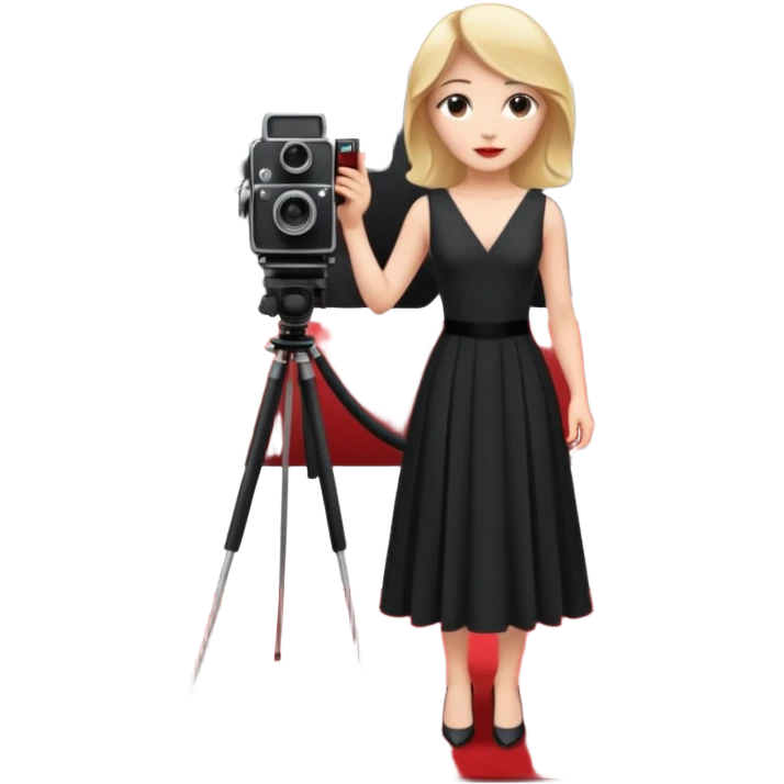 an actress standing on a red carpet with a formal dress, with a film camera next to her. emoji