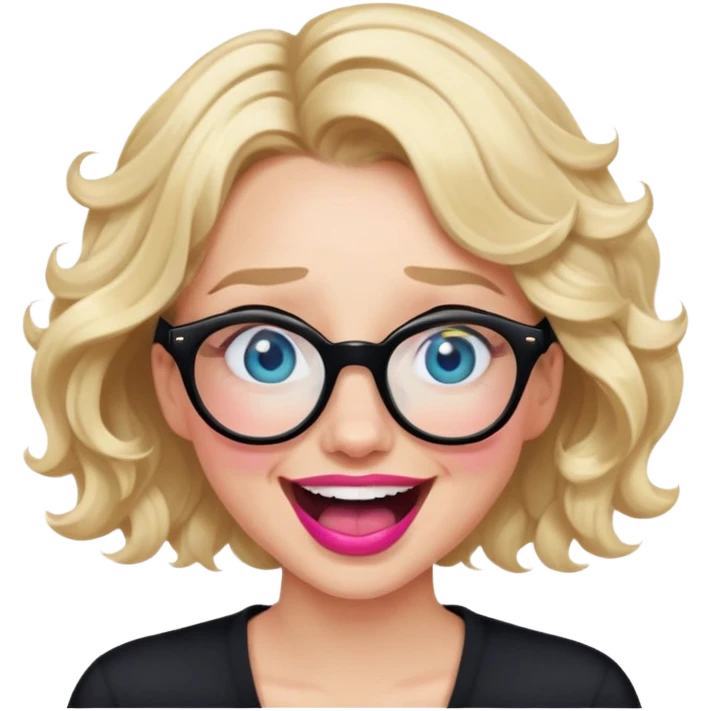 Blonde woman with short wavy hair, blue eyes nearly closed and pink lips wearing black glasses and laughing hysterically  emoji