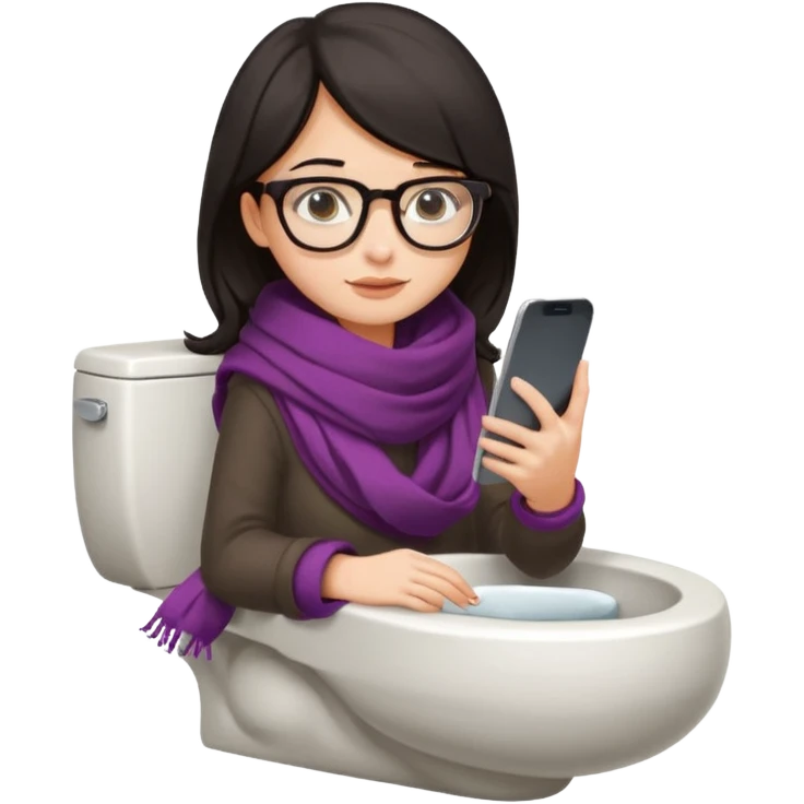 Fille châtain foncé avec lunettes. Elle porte une grosse écharpe. Elle est dans une cuvette de toilette. Téléphone en main. Realiste emoji