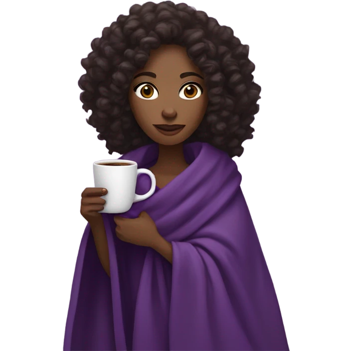 A black woman with dark brown eyes and long curly hair  with a purple blanket wrapped over her shoulders, holding a purple mug of coffee emoji