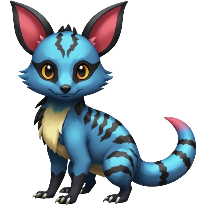 Rare exotic cute epic aesthetic colorful Salandit-Eevee-Civet-species-Fakemon-hybrid-creature, with markings, full body emoji