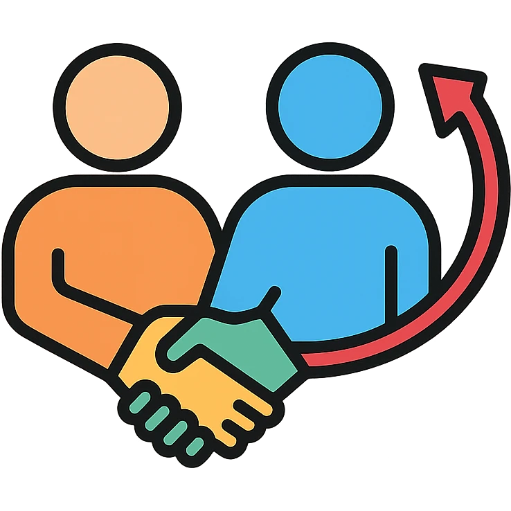 mentorship and retention icon, stylized handshake between two figures, symbolizing guidance and loyalty, clean lines, business-friendly emoji