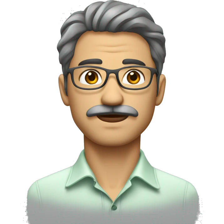 hombre sin bigote con cabello corto, cabello color gris, camisa blanca de vestir y lentes verdes de aumento  emoji