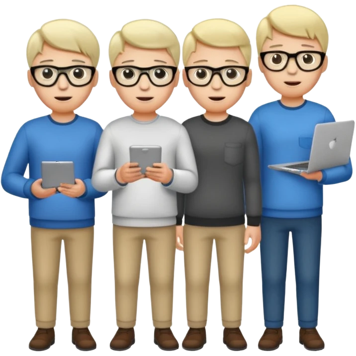 Group of 4 vibe coders, all male and white skinned, standing, some with a laptop or a phone   emoji