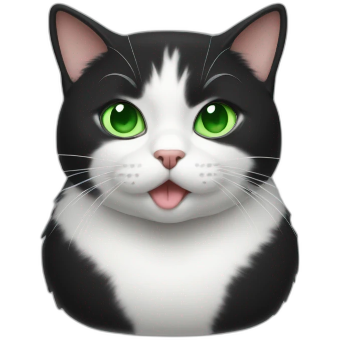 Black and white, cat, fat, green eyes, tongue out, cute emoji