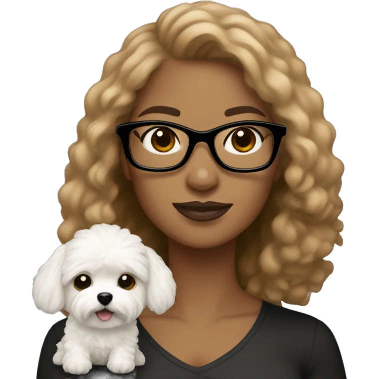 Light brown woman with black glasses holding white MaltiPoo emoji