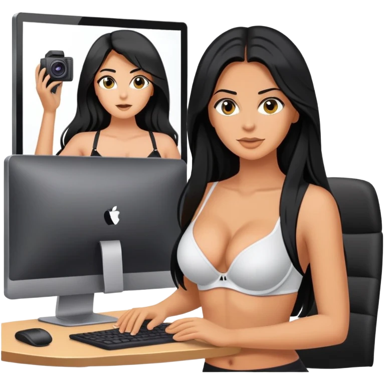 in front of the computer, camera filming, black long hair tanned woman, bra  emoji