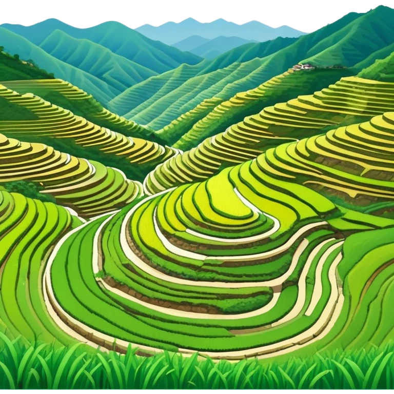 Longji Rice Terraces Guangxi curved farming terraces, simplified emoji style with bold outlines and bright colors, cartoon style layered green fields on mountain emoji