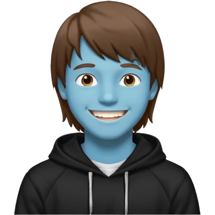 20 yr old man, brown hair, straight, big smile, white teeth, tanned skin, bangs, black hooded sweatshirt, long hair in back, center-parted bangs emoji