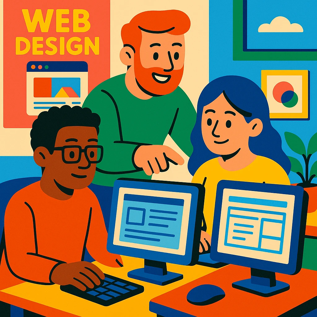web designers working together at desks with computers, vibrant toon style emoji