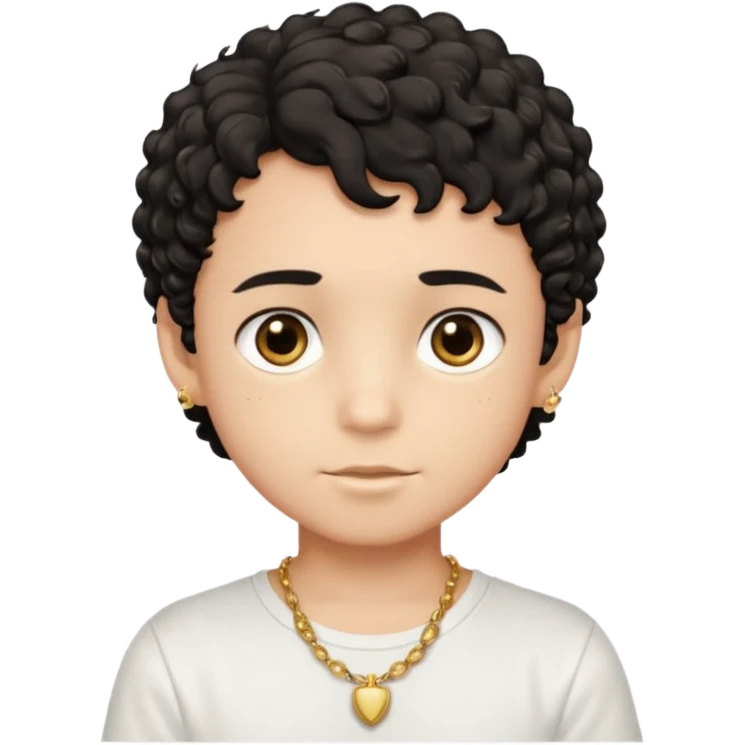 a boy with short black curly hair and brown eyes with white t-shirt and gold jewelry  emoji