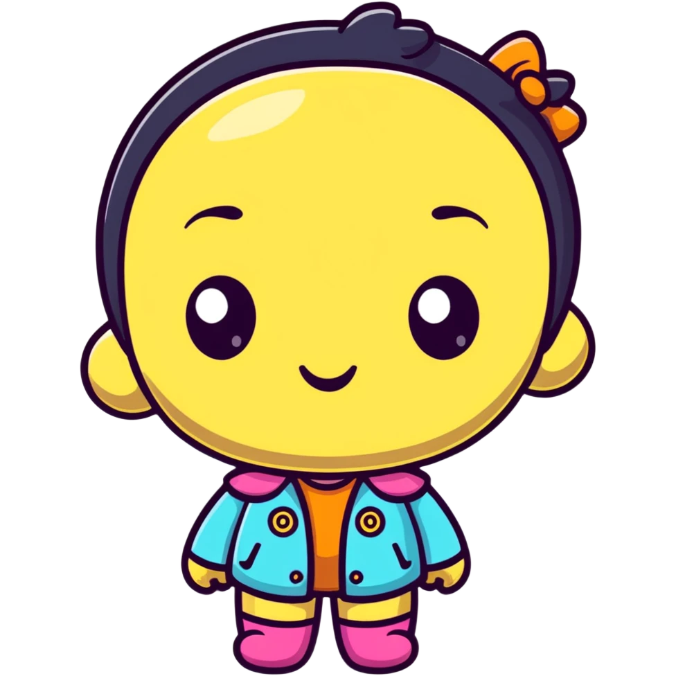 Cute female character in art toy style, big head, stylized features, bright colors, designer toy aesthetic emoji