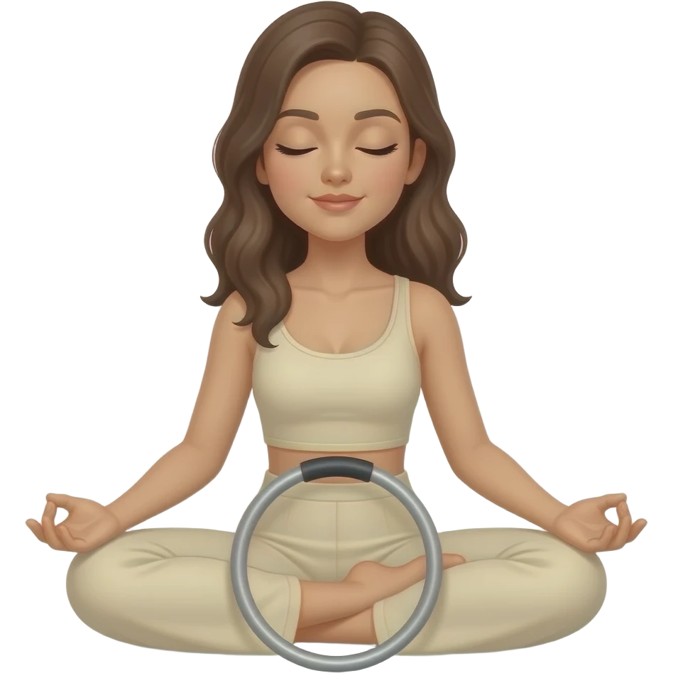 Mujer sentada en posición de loto. Sostiene un aro de pilates frente a ella. Ojos cerrados, expresión calmada. Ropa: conjunto beige o crema. Pelo suelto o recogido bajo. emoji