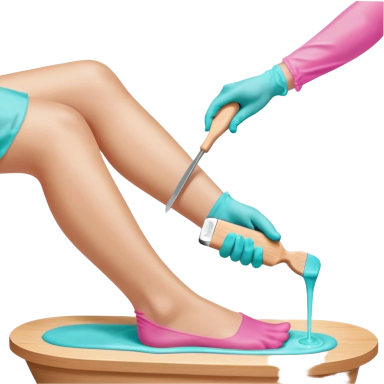 Close-up professional beauty photo of a smooth white leg during a waxing procedure, a second person’s hand wearing a turquoise nitrile glove spreading warm pink depilatory wax along the leg with a wooden spatula emoji