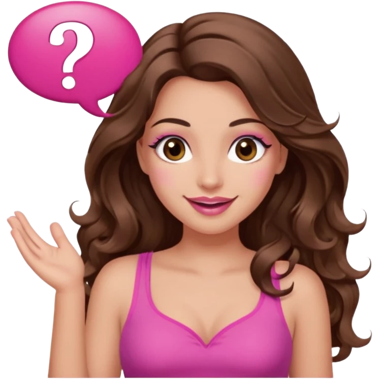 girl with long wavy brown hair, brown eyes, long lashes makeup, sexy pink lips, light to medium complexion, wearing a pink sexy top, shugging, smiling, question mark one speech bubble emoji