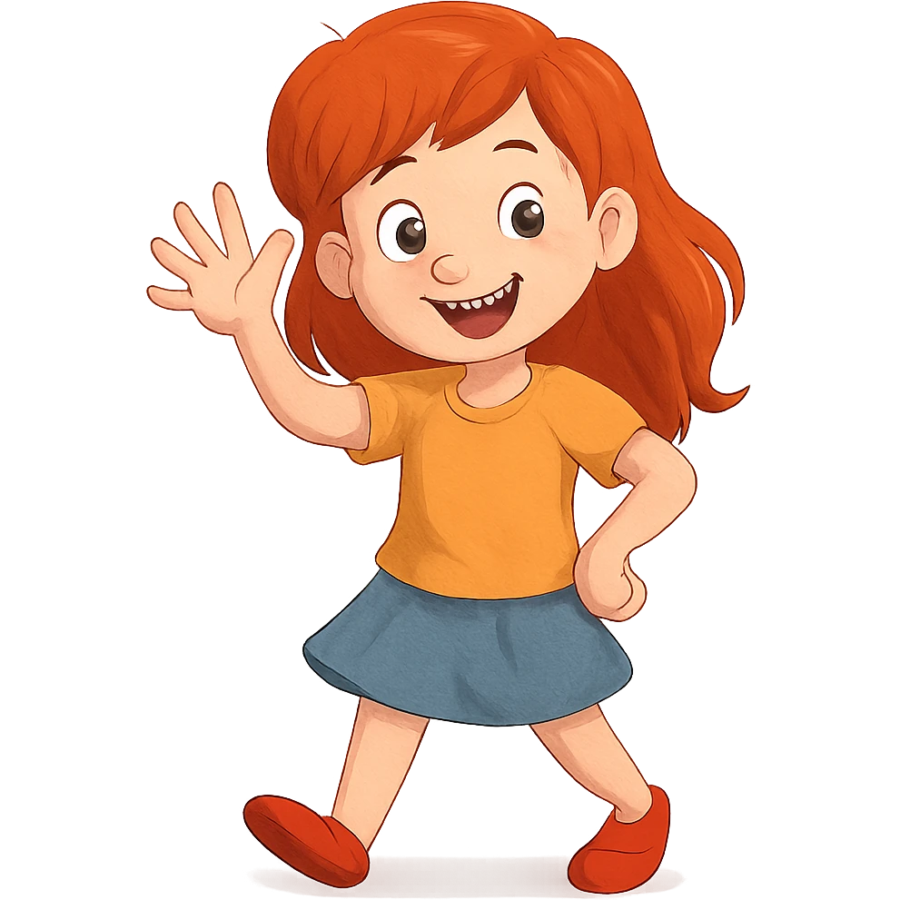 red-haired girl in a playful pose, smiling and waving emoji