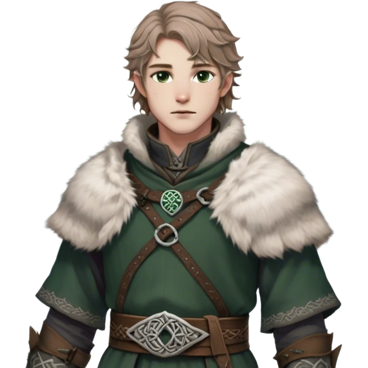 Medieval winter outfit worn by a DnD themed fantasy male character. Heavy charcoal wool tunic with arctic wolf fur lining, adorned with intricate iron clasps and a thick leather belt with celtic knotwork. Clothes only above the waist, full waist coverage. The character has no arms. Character is white-skinned with light brown hair, gray-green eyes, and short wavy hair dusted with winter's touch. emoji