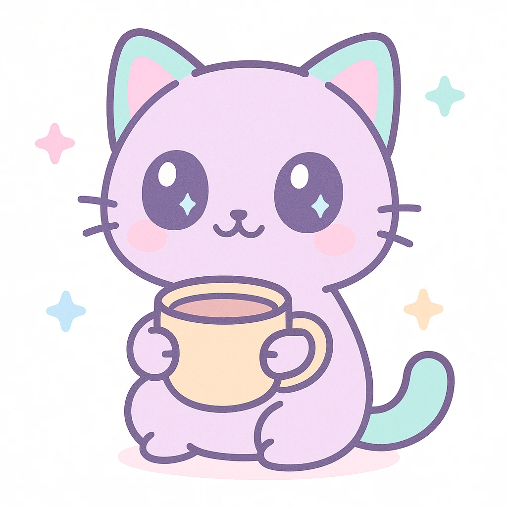 a cartoon cat with big eyes holding a coffee cup, kawaii style emoji