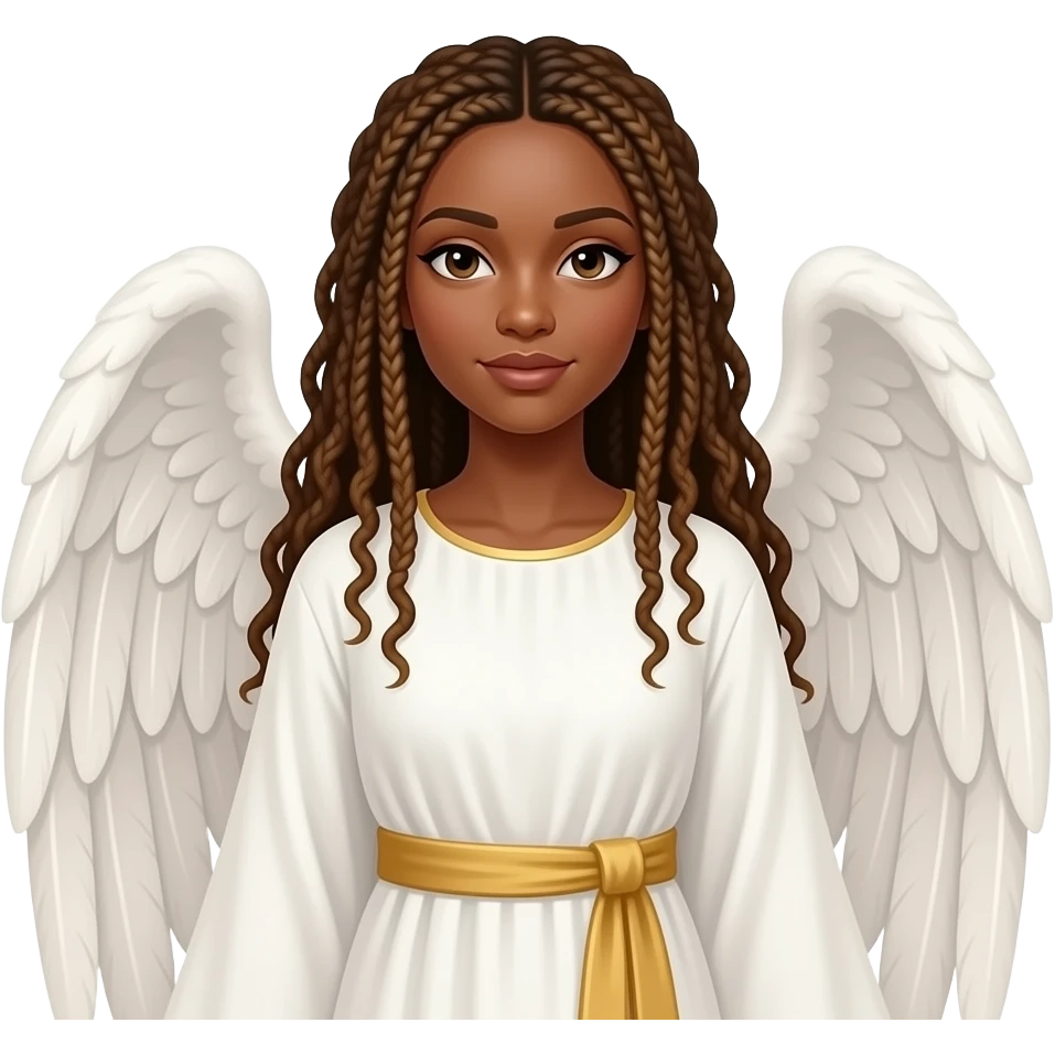 Female African American angel with long golden brown micro braids hairstyle mwearing a long white tunic with a gold sash on it emoji