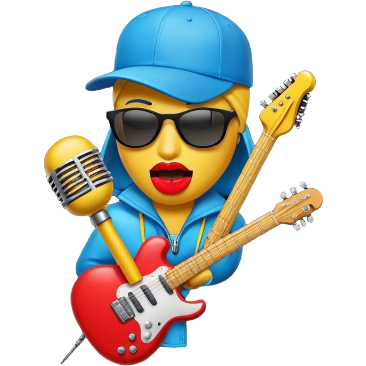 Create a dynamic and fun emoji that represents beatboxing. The design should feature a microphone with a cap placed on top, with large lips peeking out from underneath. From the lips, bass clefs and various musical instruments (like a guitar, drumstick, and keyboard) should be flying out, symbolizing the diversity and rhythm of beatboxing. Use vibrant colors like neon blue, red, and yellow to convey the energy and creativity of this vocal art form. The background should be transparent. emoji