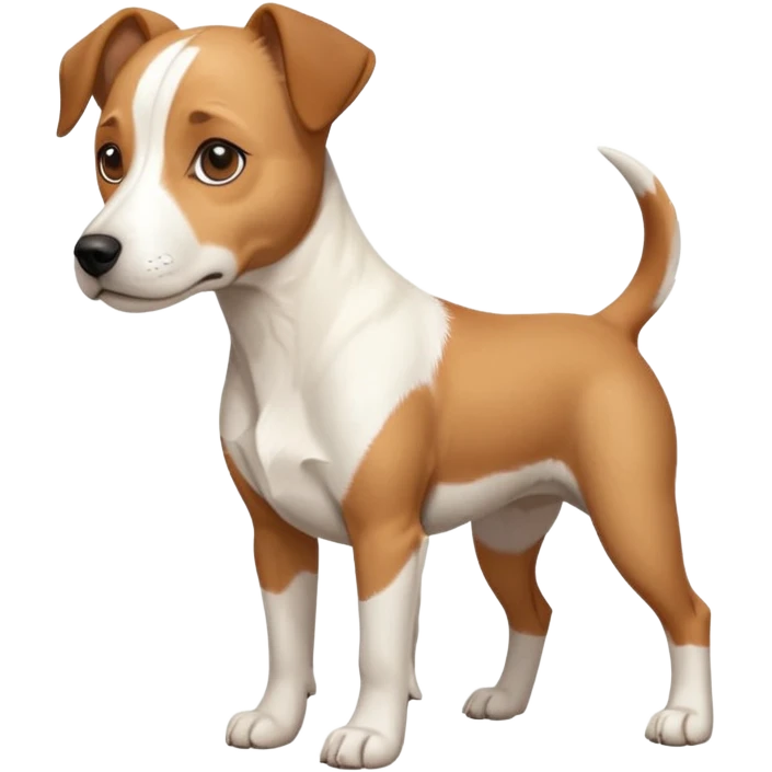 a full body facing front on of a buff white beagle cross jack russell terrier looking dog the size of a kelpie with light brown long ears resting on its face and a light brown patch above one eye and a large snout. the rest of the dog is completely white.  emoji