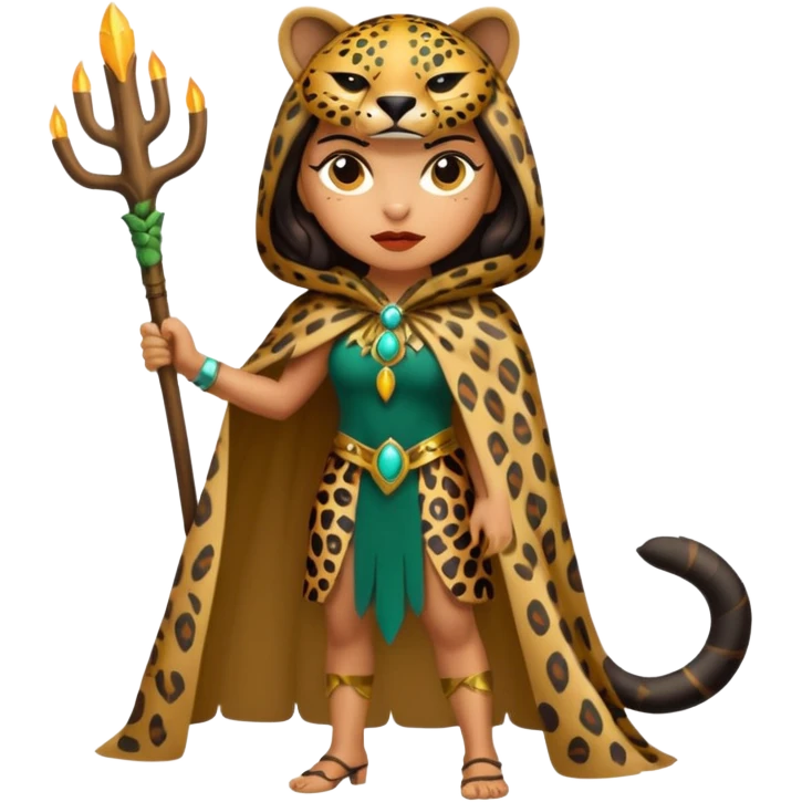 forest sticker character, latina woman dressed as jaguar spirit, spotted cloak, confident stance emoji