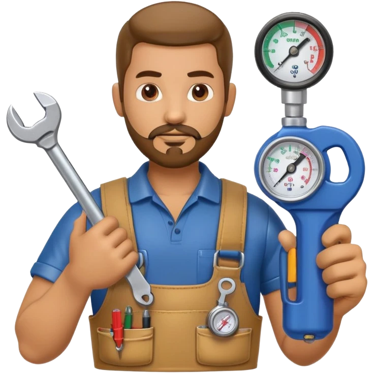 Latino HVAC repairman action figure with goatee beard holding a wrench and refrigerant gauge emoji
